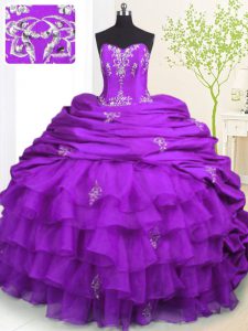 Pick Ups Ruffled With Train Ball Gowns Sleeveless Purple Quince Ball Gowns Brush Train Lace Up