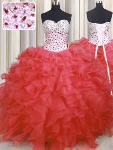 Watermelon Red Sleeveless Organza Lace Up Ball Gown Prom Dress for Military Ball and Sweet 16 and Quinceanera