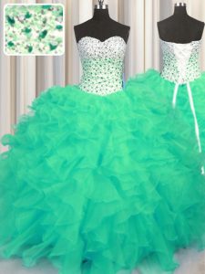 Fancy Sleeveless Floor Length Beading and Ruffles Lace Up Sweet 16 Dresses with Turquoise