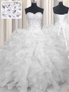 Dazzling Beading and Ruffles Quinceanera Dress White Lace Up Sleeveless Floor Length