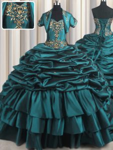 Inexpensive Teal Ball Gowns Beading and Appliques and Pick Ups 15 Quinceanera Dress Lace Up Taffeta Sleeveless With Train