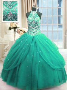 Turquoise 15th Birthday Dress Military Ball and Sweet 16 and Quinceanera and For with Beading High-neck Sleeveless Lace Up