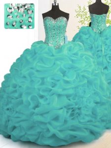 New Style Sweetheart Sleeveless Organza 15 Quinceanera Dress Beading and Ruffles Brush Train Lace Up