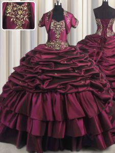 Pick Ups With Train Burgundy Quinceanera Court Dresses Sweetheart Sleeveless Brush Train Lace Up