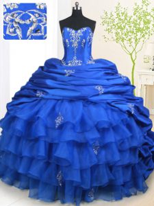 Fantastic Pick Ups Ruffled Brush Train Ball Gowns Sweet 16 Quinceanera Dress Royal Blue Strapless Organza and Taffeta Sleeveless With Train Lace Up