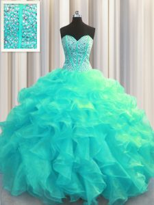 Visible Boning Ball Gowns Custom Made Aqua Blue Sweetheart Organza Sleeveless Floor Length Lace Up