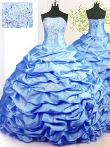 Charming Pick Ups Baby Blue Sleeveless Taffeta Sweep Train Lace Up Sweet 16 Quinceanera Dress for Military Ball and Sweet 16