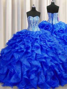 Visible Boning Royal Blue Sweetheart Neckline Beading and Ruffles 15th Birthday Dress Sleeveless Lace Up