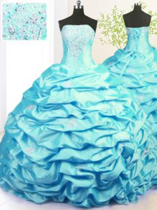 Sweep Train Aqua Blue Sleeveless With Train Beading and Pick Ups Lace Up Vestidos de Quinceanera