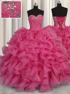 Pretty Hot Pink Ball Gowns Beading and Ruffles Sweet 16 Quinceanera Dress Lace Up Organza Sleeveless Floor Length