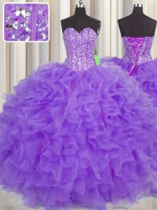 Visible Boning Purple Sweetheart Lace Up Lace and Ruffles and Sashes ribbons 15 Quinceanera Dress Sleeveless