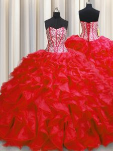 Modern Visible Boning Red Sweetheart Neckline Beading and Ruffles Court Dresses for Sweet 16 Sleeveless Lace Up