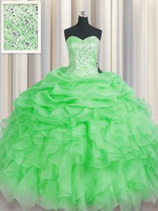 Cheap Green Organza Lace Up Quinceanera Gown Sleeveless Floor Length Beading and Ruffles