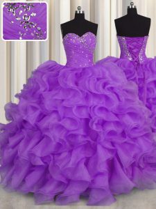 Purple Sleeveless Floor Length Beading and Ruffles Lace Up Womens Party Dresses