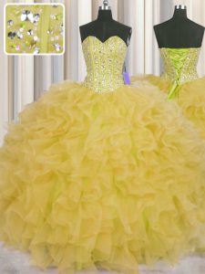 Visible Boning Sleeveless Beading and Ruffles and Sashes ribbons Lace Up 15 Quinceanera Dress