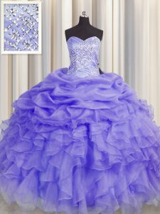 Gorgeous Sleeveless Floor Length Beading and Ruffles Lace Up Quinceanera Gowns with Lavender