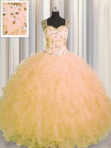 See Through Zipper Up Floor Length Zipper 15th Birthday Dress Gold for Military Ball and Sweet 16 and Quinceanera with Beading and Ruffles