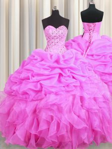 Best Rose Pink Sleeveless Floor Length Beading and Ruffles and Pick Ups Lace Up Quinceanera Dress