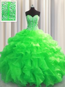 New Arrival Visible Boning Sleeveless Organza Floor Length Lace Up Quinceanera Dresses in Green with Beading and Ruffles