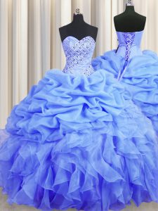 Eye-catching Blue Sleeveless Beading and Ruffles and Pick Ups Floor Length 15th Birthday Dress