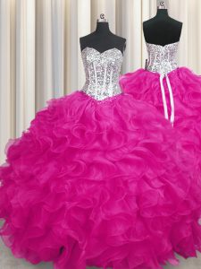 Fancy Organza Sleeveless Quince Ball Gowns and Beading and Ruffles
