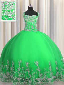 Flirting Sleeveless Tulle Floor Length Lace Up Quinceanera Dress in Apple Green with Beading and Appliques