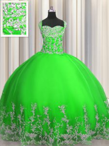 Cheap Green Sleeveless Floor Length Beading and Appliques Lace Up Quinceanera Gowns