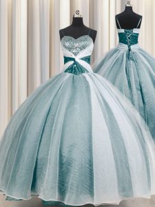 Spaghetti Straps Teal Lace Up Quinceanera Gowns Beading and Ruching Half Sleeves Floor Length
