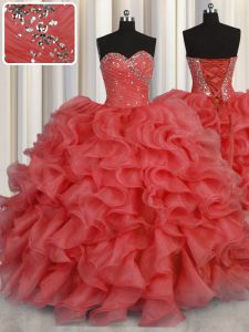 Dynamic Coral Red Sweetheart Neckline Beading and Ruffles Sweet 16 Dresses Sleeveless Lace Up