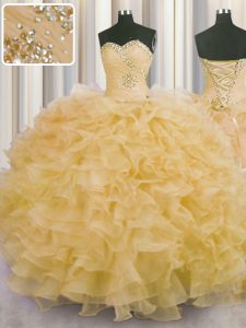 Cheap Sleeveless Floor Length Beading and Ruffles Lace Up Sweet 16 Dresses with Gold