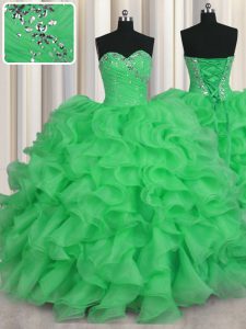 Cheap Green Sleeveless Floor Length Beading and Ruffles Lace Up Quinceanera Dresses