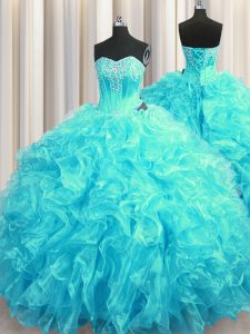 Delicate Lace Up Sweet 16 Dresses Aqua Blue for Military Ball and Sweet 16 and Quinceanera with Beading and Ruffles Brush Train