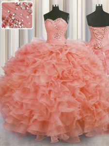 Spectacular Floor Length Ball Gowns Sleeveless Watermelon Red Quinceanera Dress Lace Up