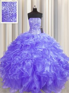 Visible Boning Floor Length Lavender Quinceanera Gown Organza Sleeveless Beading and Ruffles