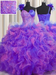 Custom Fit Handcrafted Flower Floor Length Multi-color Quinceanera Dresses One Shoulder Sleeveless Lace Up