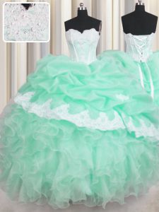 Apple Green Organza Lace Up Quinceanera Dresses Sleeveless Floor Length Beading and Ruffles and Pick Ups