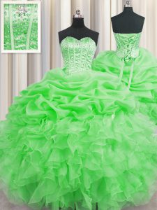 Fantastic Visible Boning Green Organza Lace Up Quince Ball Gowns Sleeveless Floor Length Beading and Ruffles and Pick Ups