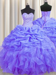 Lavender Lace Up Sweetheart Beading and Ruffles and Pick Ups Quinceanera Dresses Organza Sleeveless