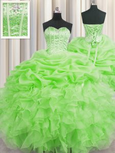 Pick Ups Visible Boning Ball Gowns Quinceanera Dresses Sweetheart Organza Sleeveless Floor Length Lace Up