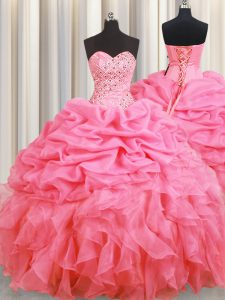 Halter Top Floor Length Rose Pink Sweet 16 Dress Organza Sleeveless Beading and Ruffles and Pick Ups