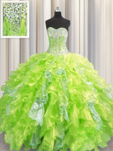 Charming Visible Boning Yellow Green Lace Up Sweetheart Beading and Ruffles and Sequins 15th Birthday Dress Organza and Sequined Sleeveless