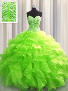 Visible Boning Sleeveless Organza Floor Length Lace Up Quinceanera Gowns in with Beading and Ruffles