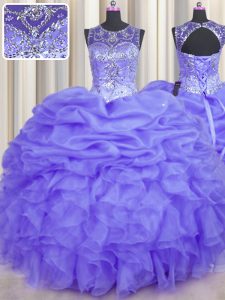 Vintage See Through Lavender Quinceanera Gowns Military Ball and Sweet 16 and Quinceanera and For with Beading and Ruffles and Pick Ups Scoop Sleeveless Lace Up