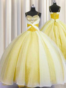Spaghetti Straps Floor Length Ball Gowns Sleeveless Yellow Quinceanera Dress Lace Up