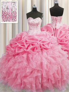 Visible Boning Floor Length Rose Pink 15th Birthday Dress Sweetheart Sleeveless Lace Up