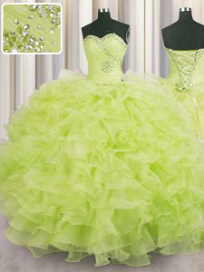 Sleeveless Organza Floor Length Lace Up 15 Quinceanera Dress in Yellow Green with Beading and Ruffles