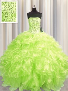 Delicate Visible Boning Yellow Green Ball Gowns Beading and Ruffles Quinceanera Dresses Lace Up Organza Sleeveless Floor Length