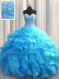 Free and Easy Visible Boning Organza Sweetheart Sleeveless Lace Up Beading and Ruffles Ball Gown Prom Dress in Baby Blue
