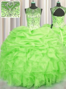 See Through Sleeveless Lace Up Floor Length Beading and Ruffles and Pick Ups Vestidos de Quinceanera