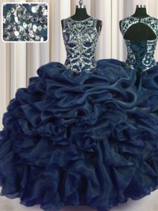 Graceful Navy Blue Lace Up Scoop Beading and Pick Ups Sweet 16 Quinceanera Dress Organza Sleeveless